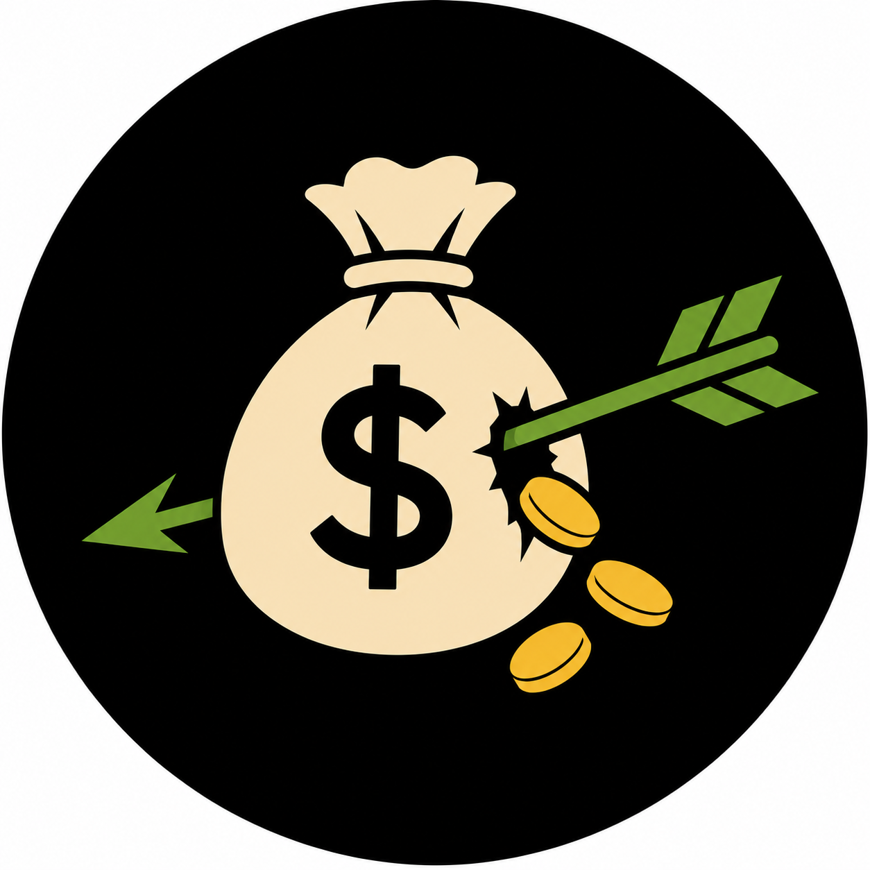 Money bag pierced by an arrow with coins spilling out